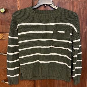 S Pink Rose Striped Army Green Knit Sweater with Pocket